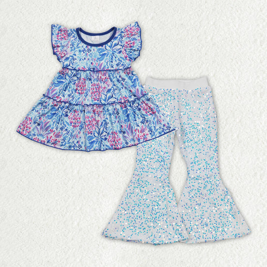 GSPO1499 2pcs Flower Blue Flying Sleeve Sequined White Bell Bottom Pants Girls Outfits RTS 202508