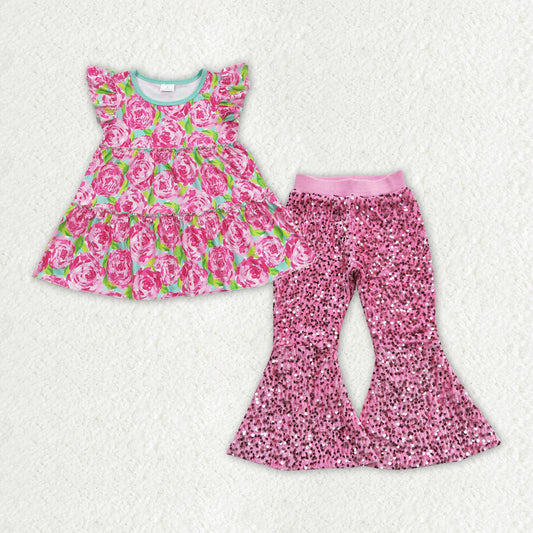 GSPO1500 2pcs Flower Rose Red Flying Sleeve Sequined Bell Bottom Pants Girls Outfits RTS 202508