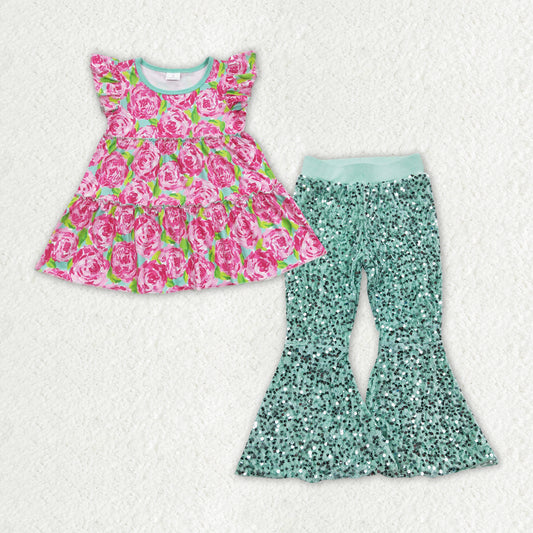 GSPO1501 2pcs Flower Rose Red Flying Sleeve Green Sequined Bell Bottom Pants Girls Outfits RTS 202508