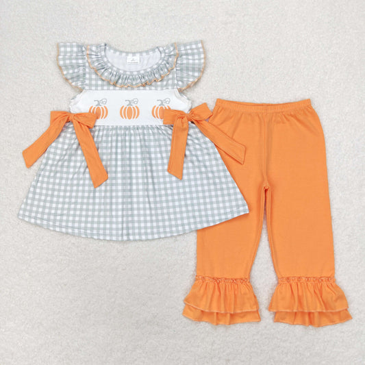 GSPO1533 Pumpkin orange bow green plaid flysleeve pantsuit clothing girls set 7 to 14 years old