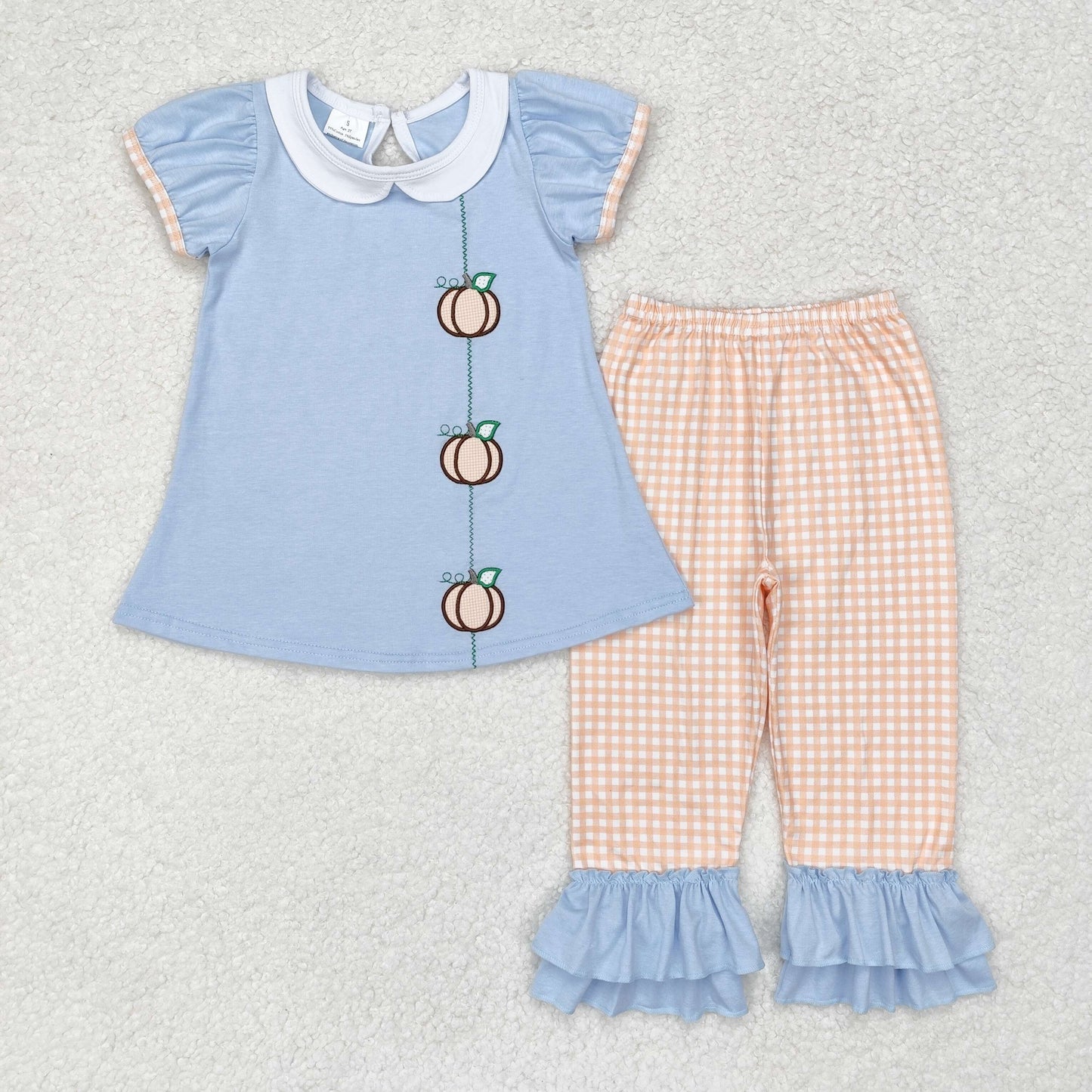 GSPO1534 Embroidered pumpkin doll collar blue short sleeve orange plaid pantsuit western clothes