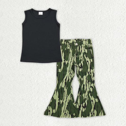 GSPO1562 Pure Black Sleeveless Vest  Army Green Camouflage Denim Bell Bottom Pants Sets Girls Boutique Outfits  202404 RTS