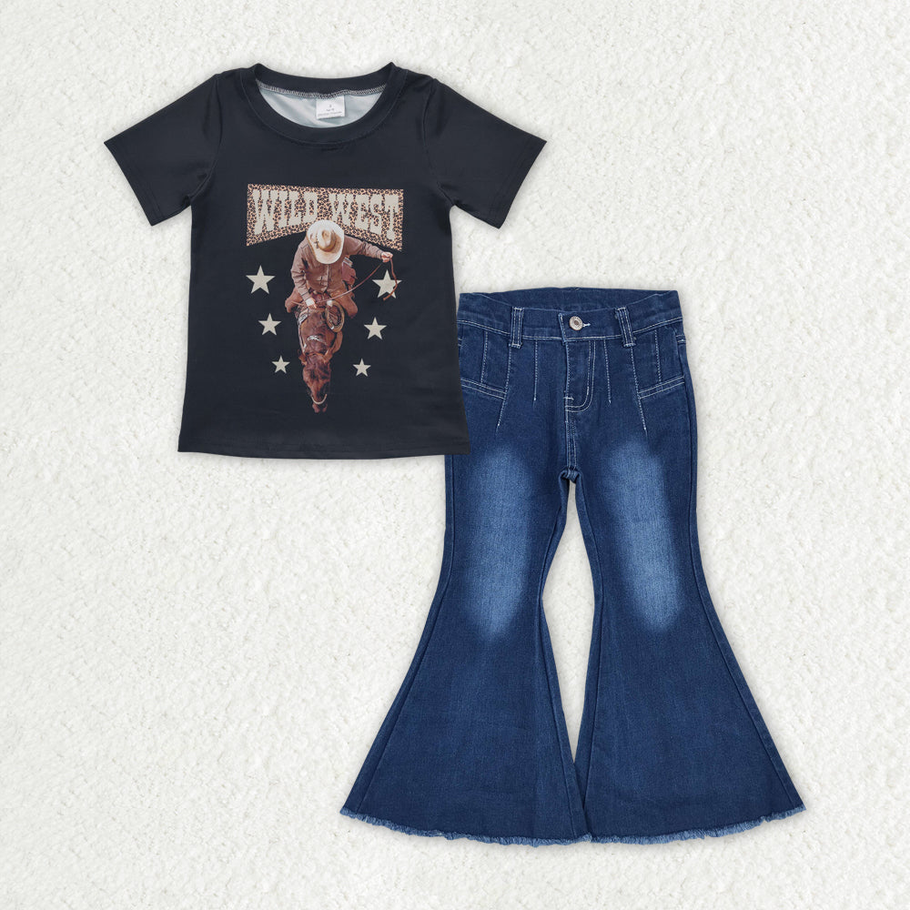GSPO1563 Wild West Black Short Sleeve Top Dark Blue Denim Bell Bottom Pants Sets Girls Boutique Outfits 202404 RTS