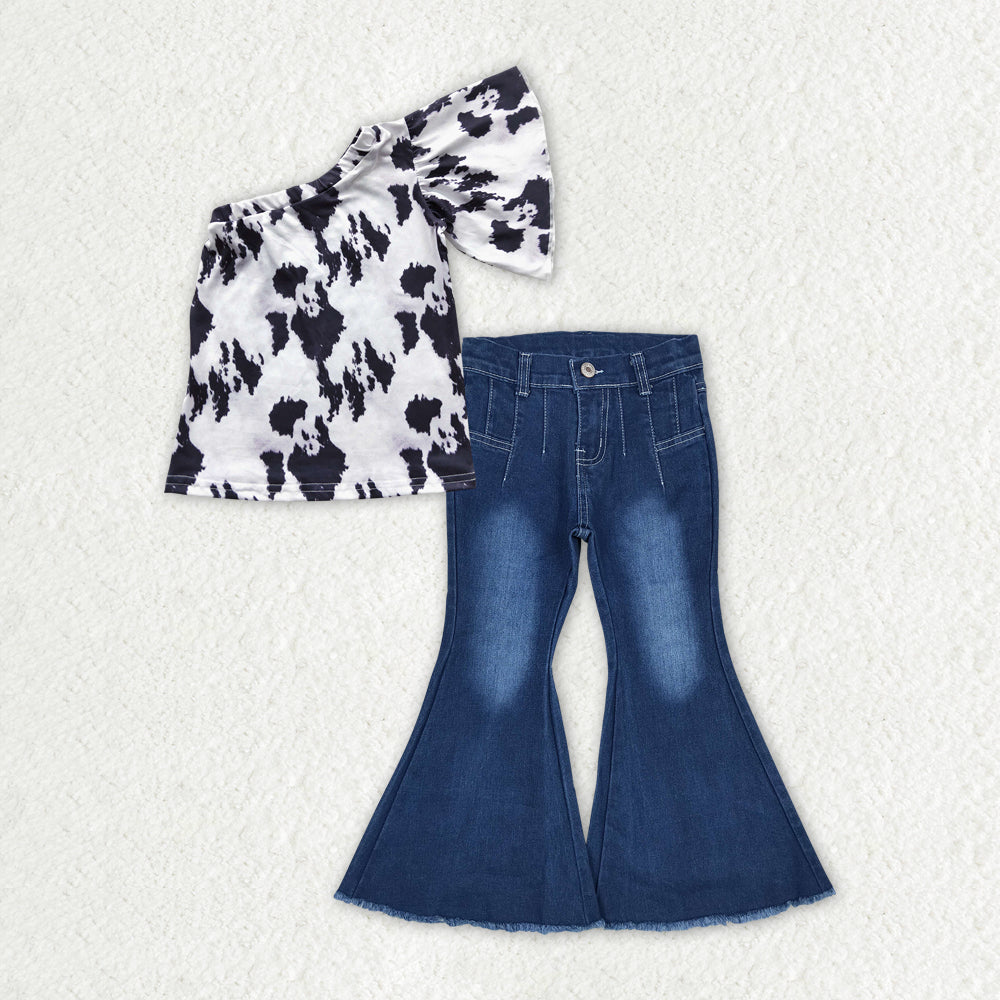 GSPO1564 Off-shoulder Top Dark Blue Denim Bell Bottom Pants Sets Girls Boutique Outfits 202404 RTS