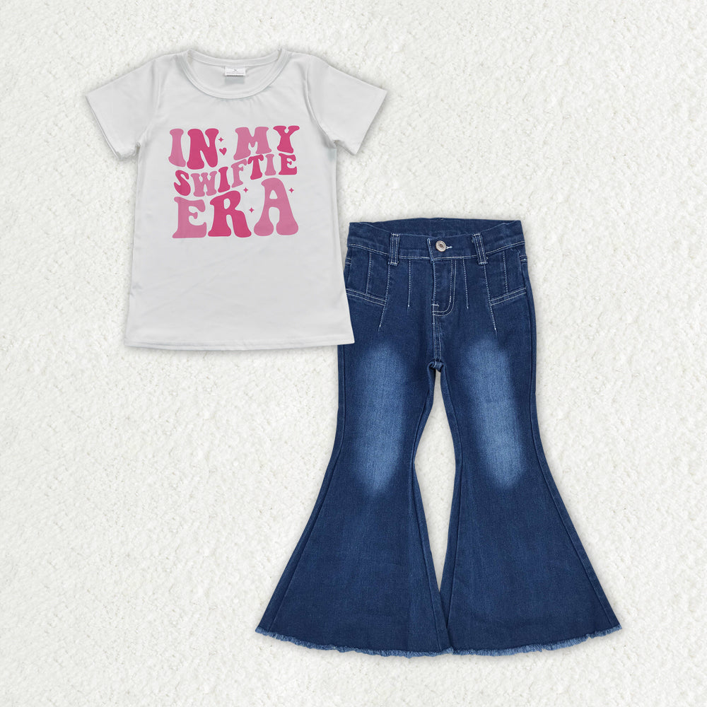GSPO1565 Swift White Pink Letter Short Sleeve Dark Blue Denim Bell Bottom Pants Sets Girls Boutique Outfits 202404 RTS
