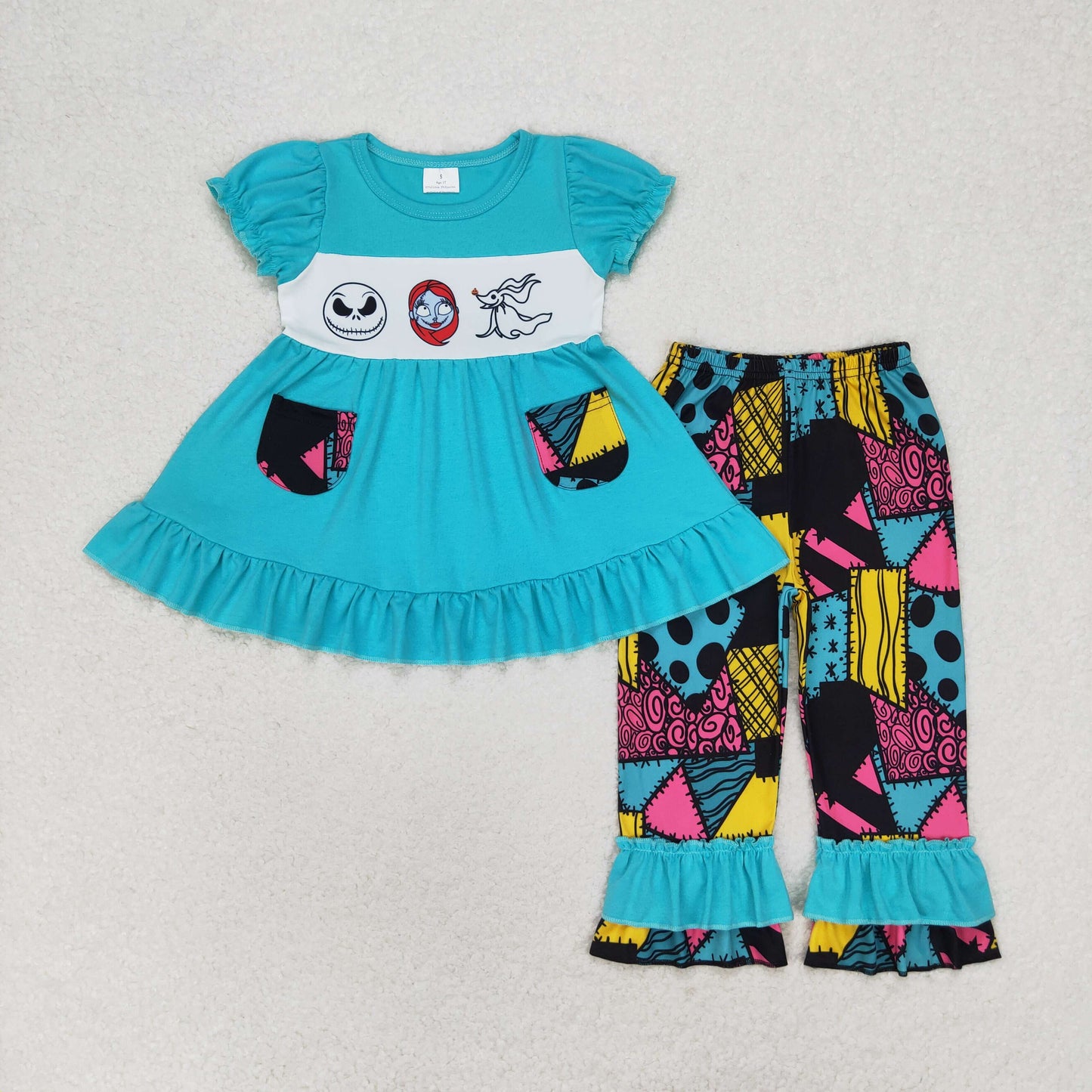 GSPO1579 Christmas Eve Horror patchwork pocket teal short sleeve pants set high quality wholesale kids girl clothing sets