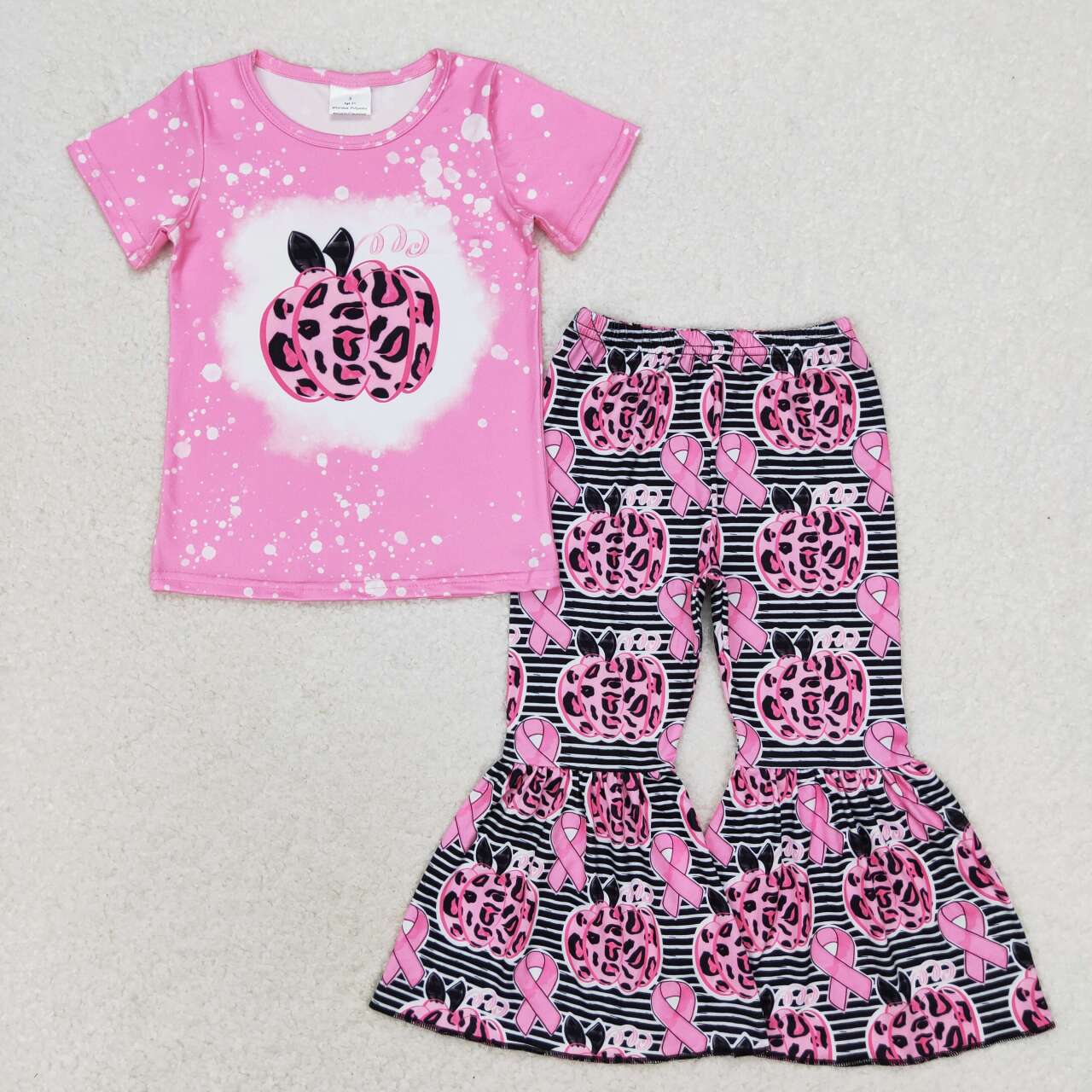 GSPO1592 Rose red leopard pumpkin short sleeve striped pantsuit baby girl's clothing set