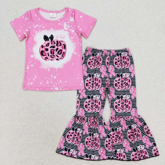GSPO1592 Rose red leopard pumpkin short sleeve striped pantsuit baby girl's clothing set