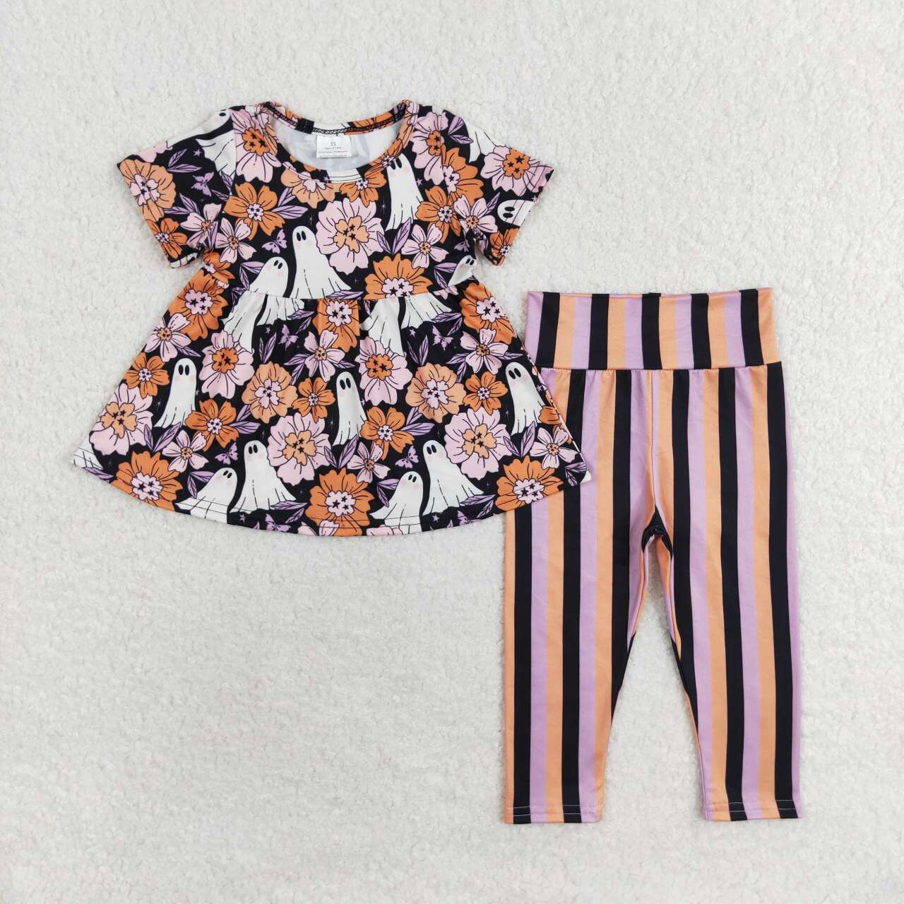 GSPO1617 RTS Flower Ghost Short sleeve Purple orange Black striped pantsuit