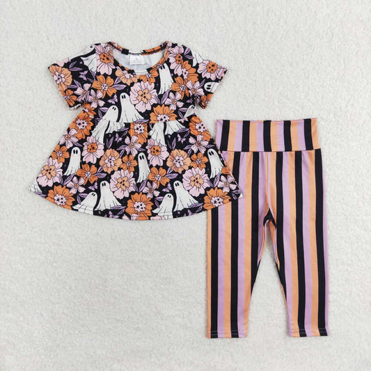 GSPO1617 RTS Flower Ghost Short sleeve Purple orange Black striped pantsuit