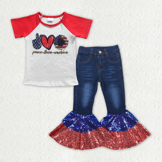GSPO1622 National Day peace love Love short sleeve red blue sequins dark blue denim pantsuit kids girl clothings set