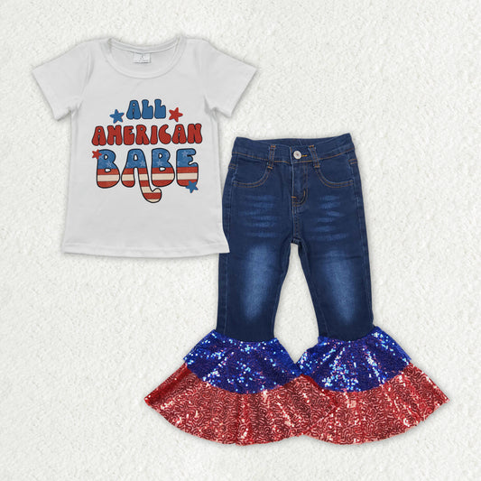 GSPO1623 National Day BABE White short-sleeved red and blue sequins dark blue denim pantsuit girls sets clothings boutique2024