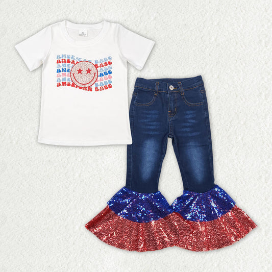 GSPO1624 american babe Leopard print smiley face white short sleeve red blue sequins dark blue denim pantsuit girls clothing set