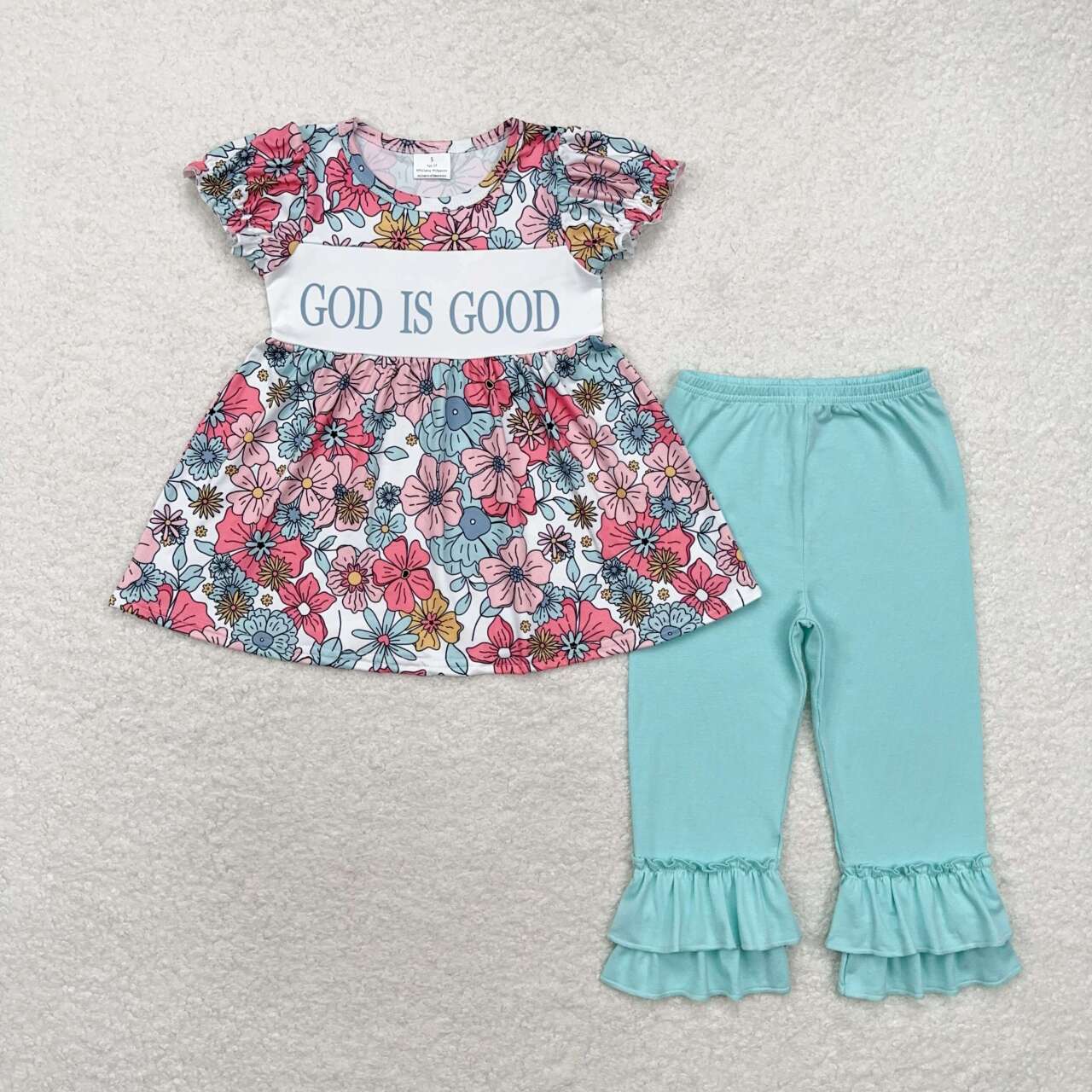 GSPO1658 god is good flower beige short sleeve teal pantsuit