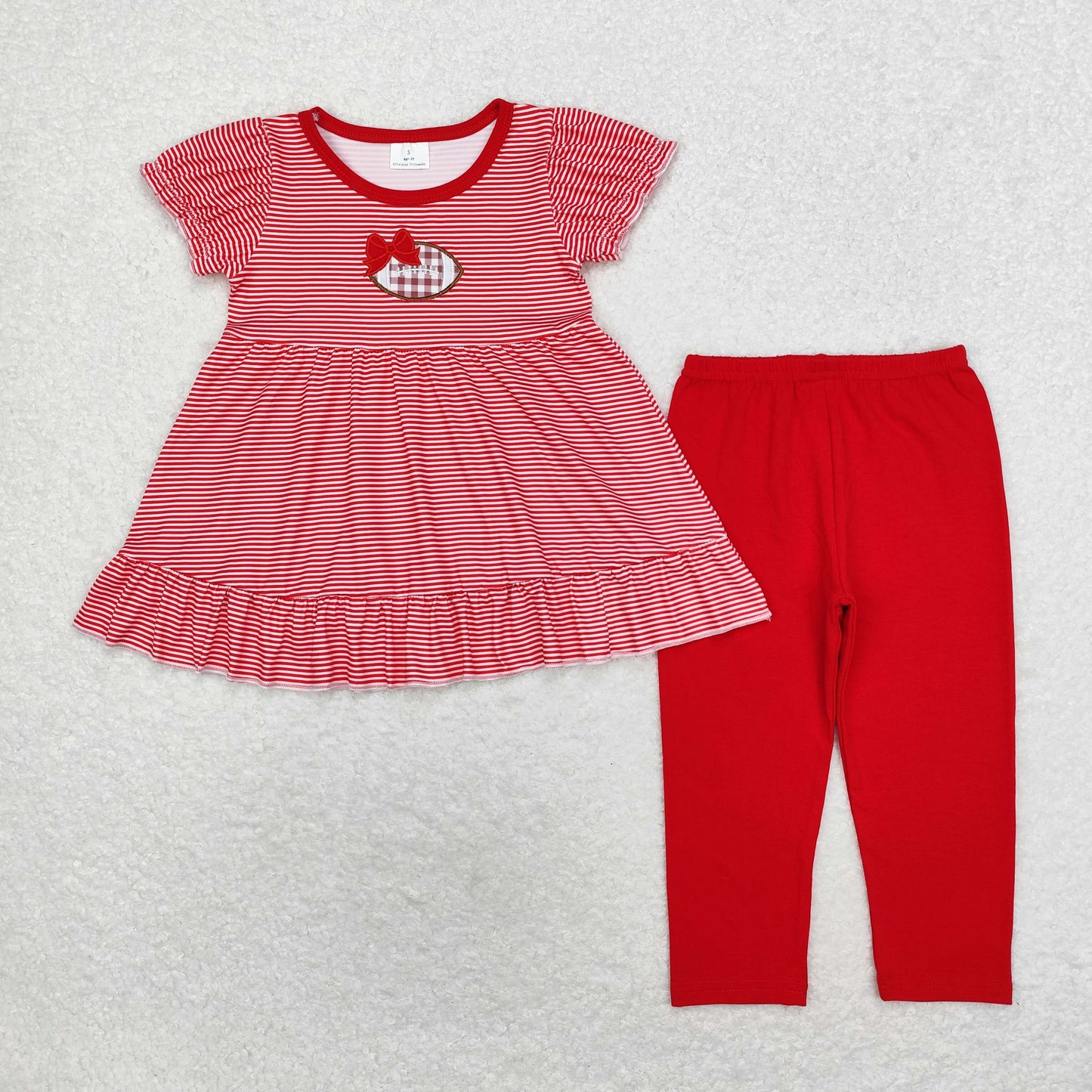 GSPO1675 Embroidered red bow football stripe short-sleeved pantsuit