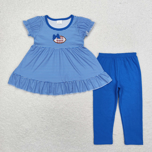 GSPO1677 Embroidered blue bow football stripe short-sleeved pantsuit
