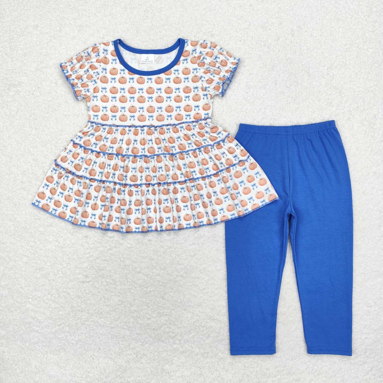 GSPO1678 Pumpkin bow pattern short sleeve blue pantsuit