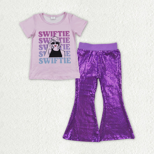 GSPO1707 swiftie letter pink short sleeve mesh purple sequin pantsuit