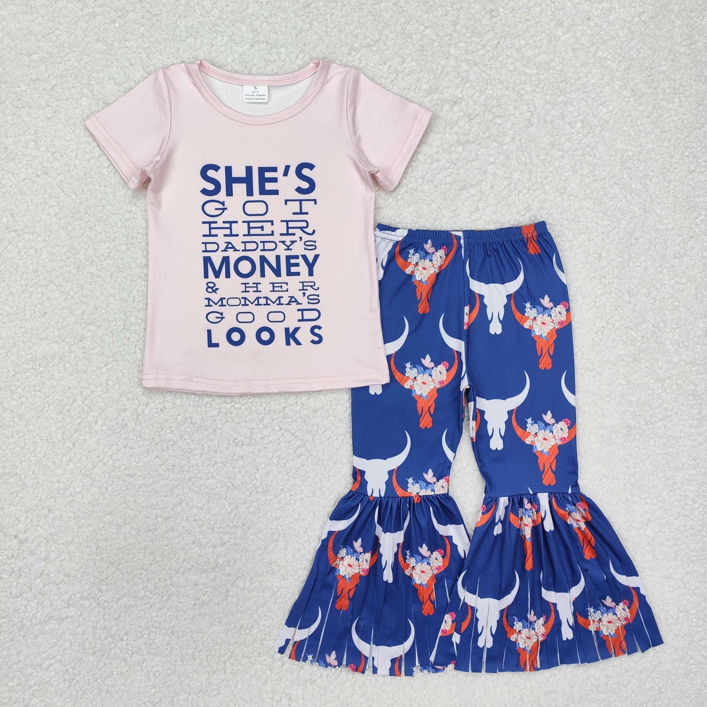 GSPO1720 RTS GIRLS outfits money looks Letter pink short sleeve Alpine bull head fringe Blue pantsuit