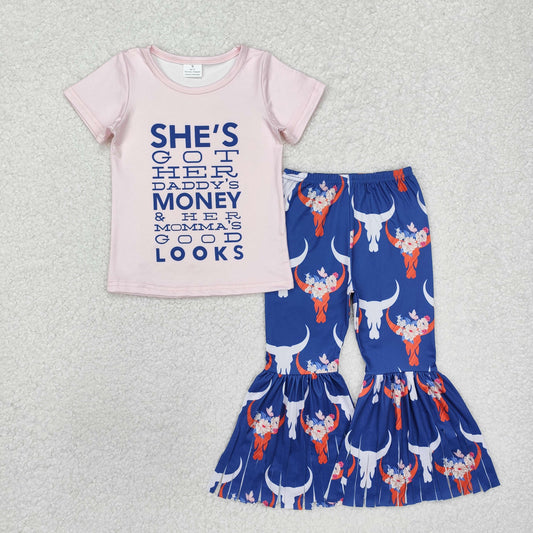 GSPO1720 RTS GIRLS outfits money looks Letter pink short sleeve Alpine bull head fringe Blue pantsuit