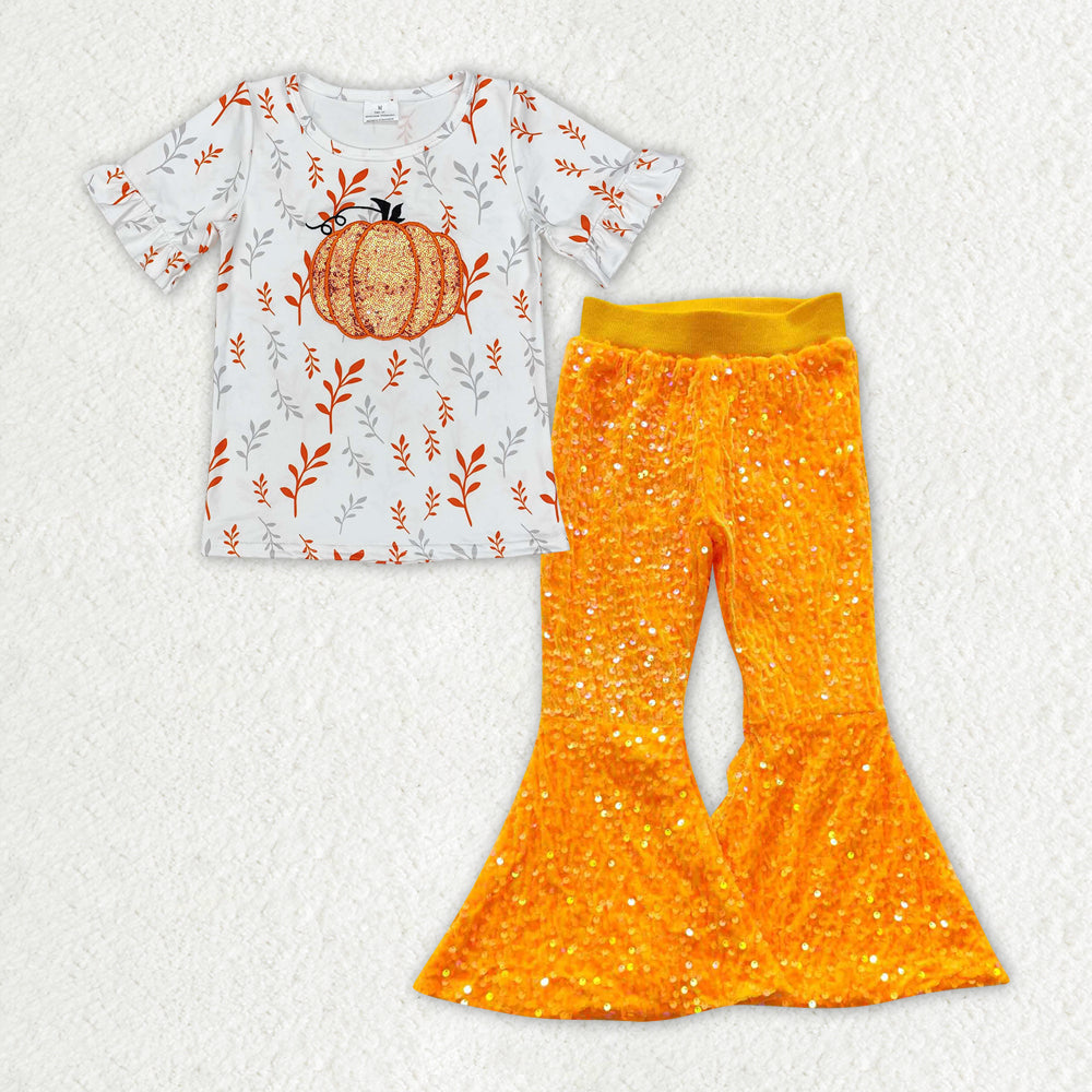 GSPO1729 Sequined pumpkin white short-sleeved bright orange pantsuit