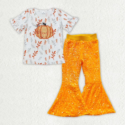 GSPO1729 Sequined pumpkin white short-sleeved bright orange pantsuit