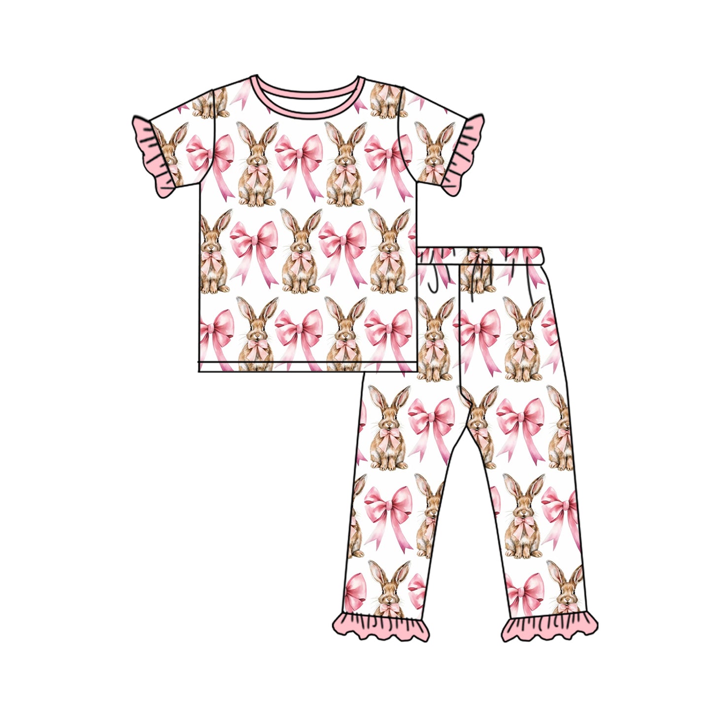 MOQ 5 PCS Preorder GSPO1732 Bunny bow pattern Pink lace white short-sleeved pant pajama set