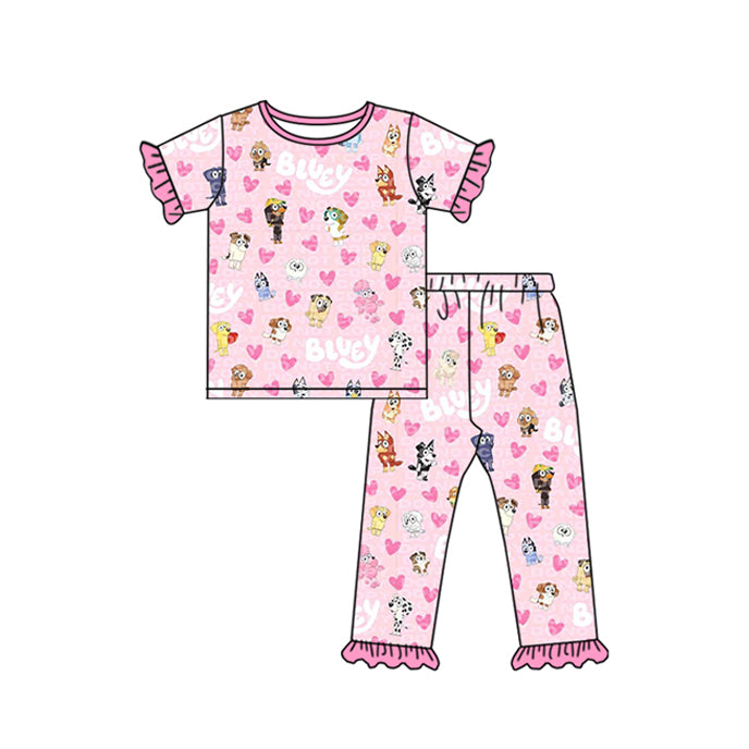 GSPO1760 Cartoon Bluey Pink Ruffle Short Sleeve Pants Girls Pajama Set RTS 202510