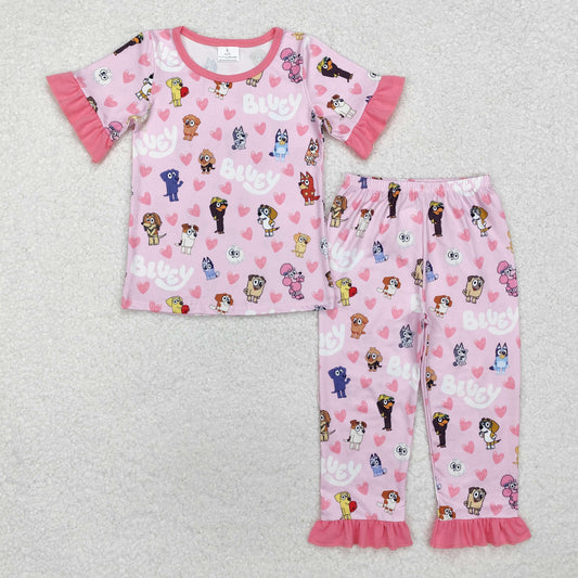 GSPO1760 Cartoon Bluey Pink Ruffle Short Sleeve Pants Girls Pajama Set RTS 202510