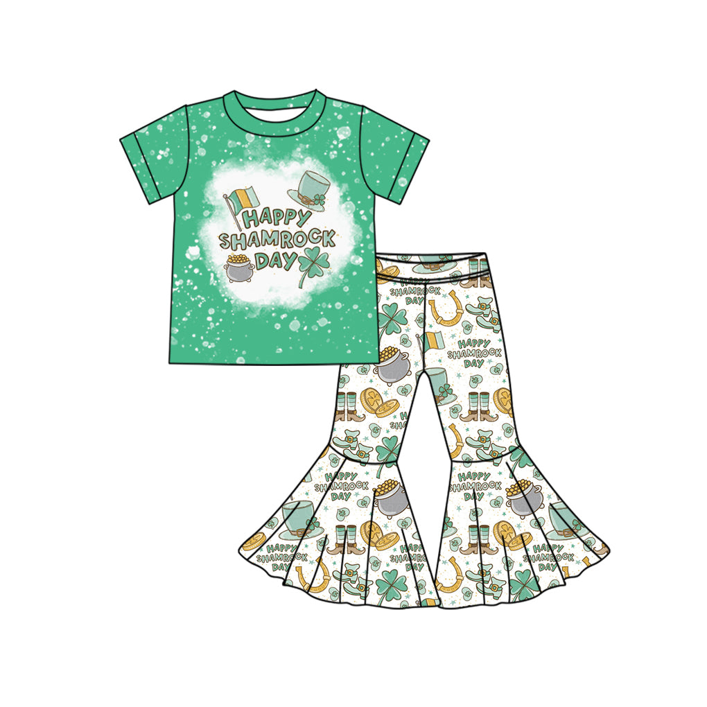 Preorder GSPO1776 St. Patrick's Day happy shamrock day Letter four-leaf Clover Gold coin green short-sleeved flared pants pantsuit
