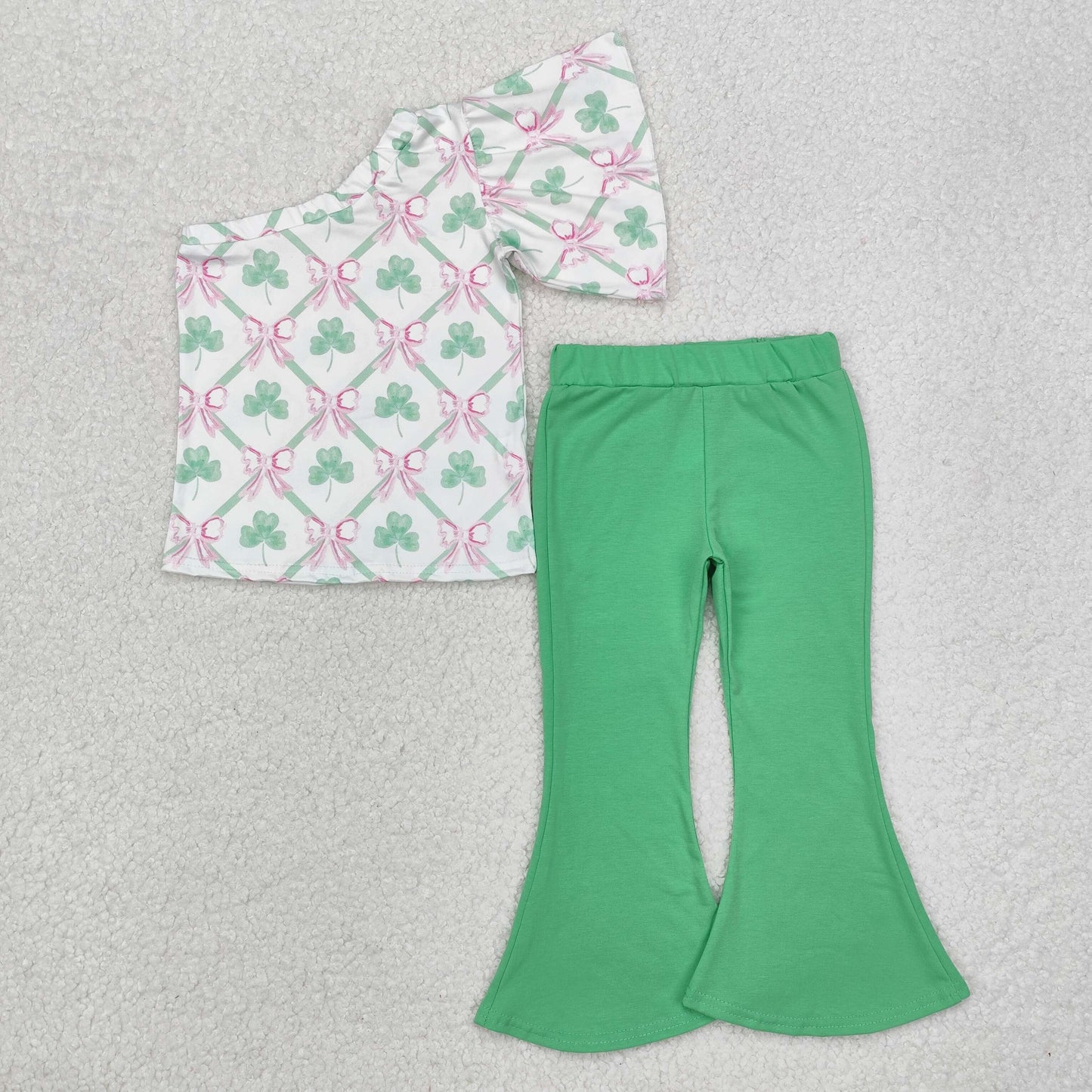 GSPO1793 ST. Patrick clover bows sets lucky girls boutique outfit sloping shoulder top bell bottom pants RTS 202412