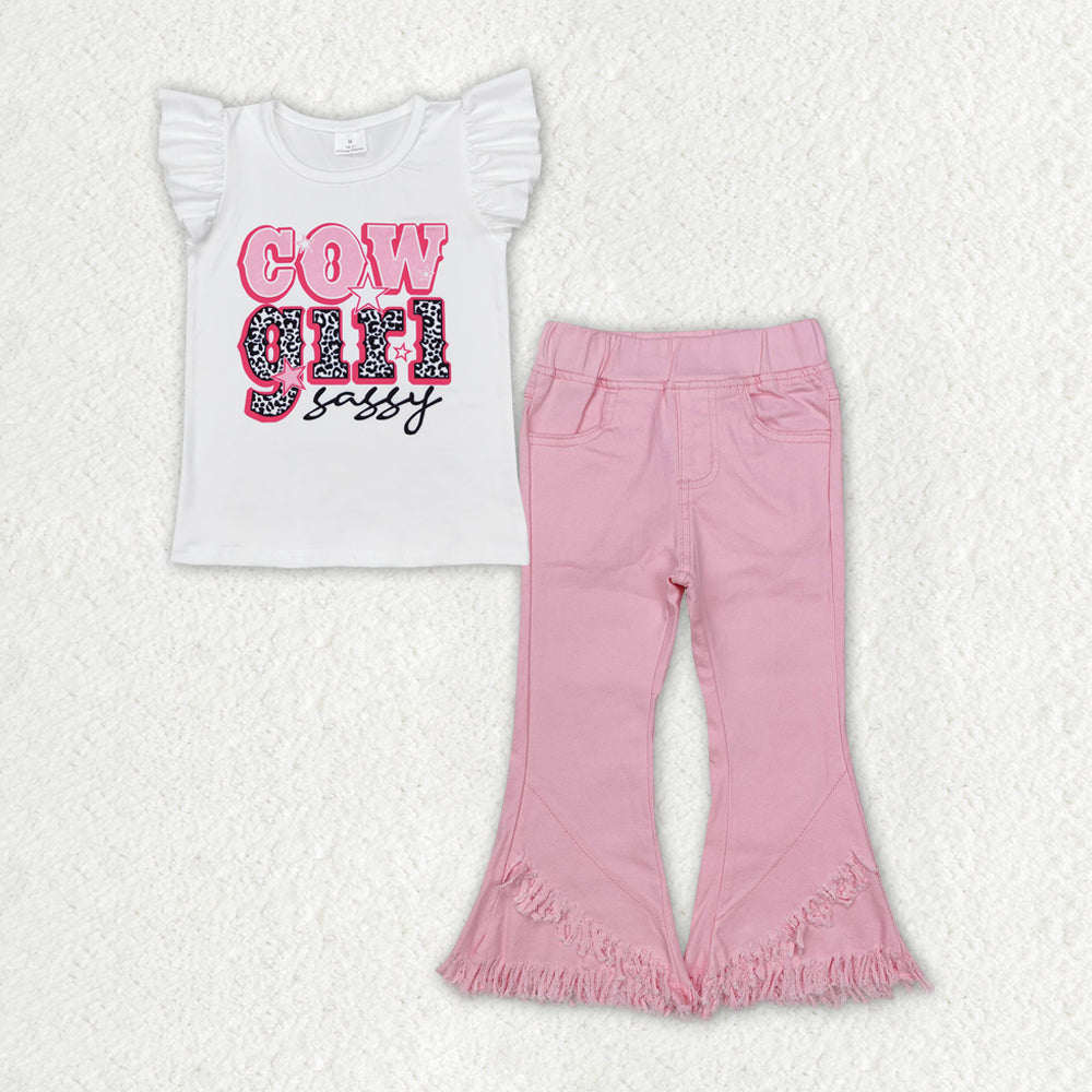 GSPO1817 Valentine's Day Cowgirl White Flying Sleeve Top Pink Denim Pants Girls Sets RTS 202509