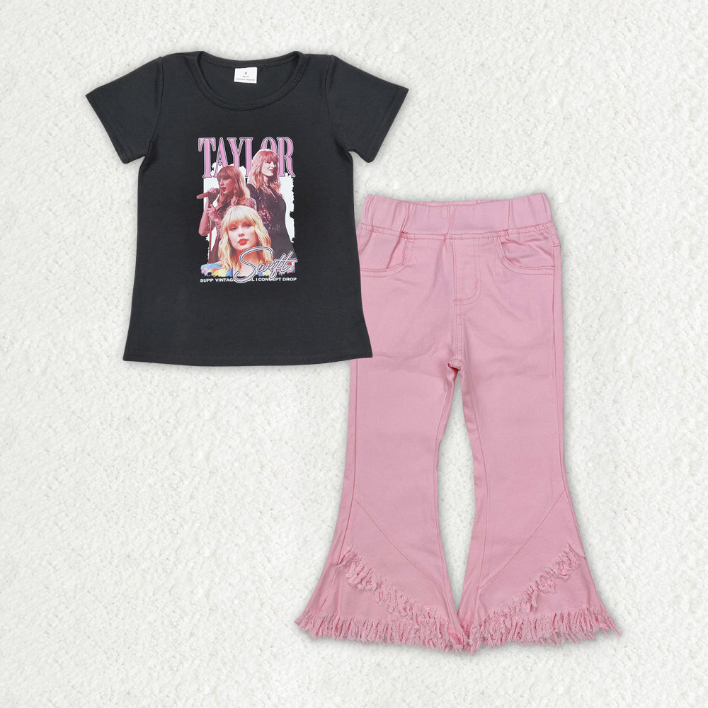 GSPO1818 Valentine's Day Taylor Swift Black Short Sleeve Top Pink Denim Pants Girls Sets RTS 202509