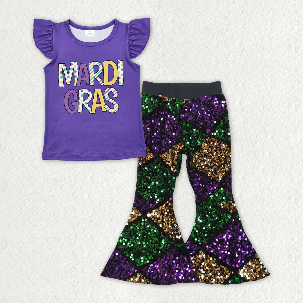 GSPO1831 Mardi Gras Letter Purple Flying Sleeve Plaid Sequin Bell Bottom Pants Girls Sets RTS 202511