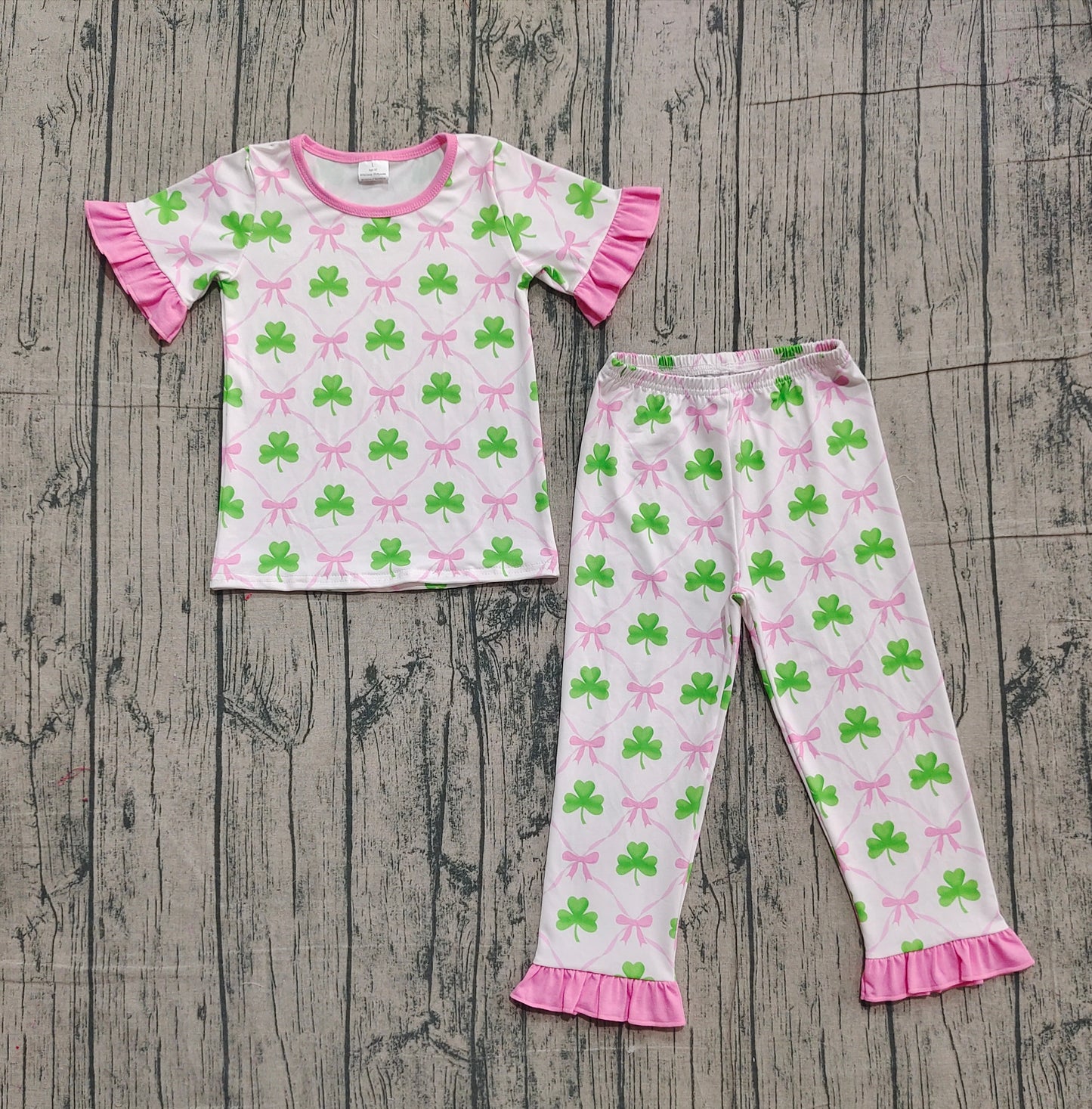 NO MOQ preorder GSPO1838 St. Patrick's Day Four-Leaf Clover Pink Ruffle Short Sleeve Pants Girls Pajama Set 202510