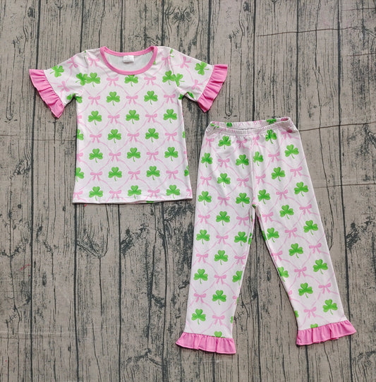 NO MOQ preorder GSPO1838 St. Patrick's Day Four-Leaf Clover Pink Ruffle Short Sleeve Pants Girls Pajama Set 202510