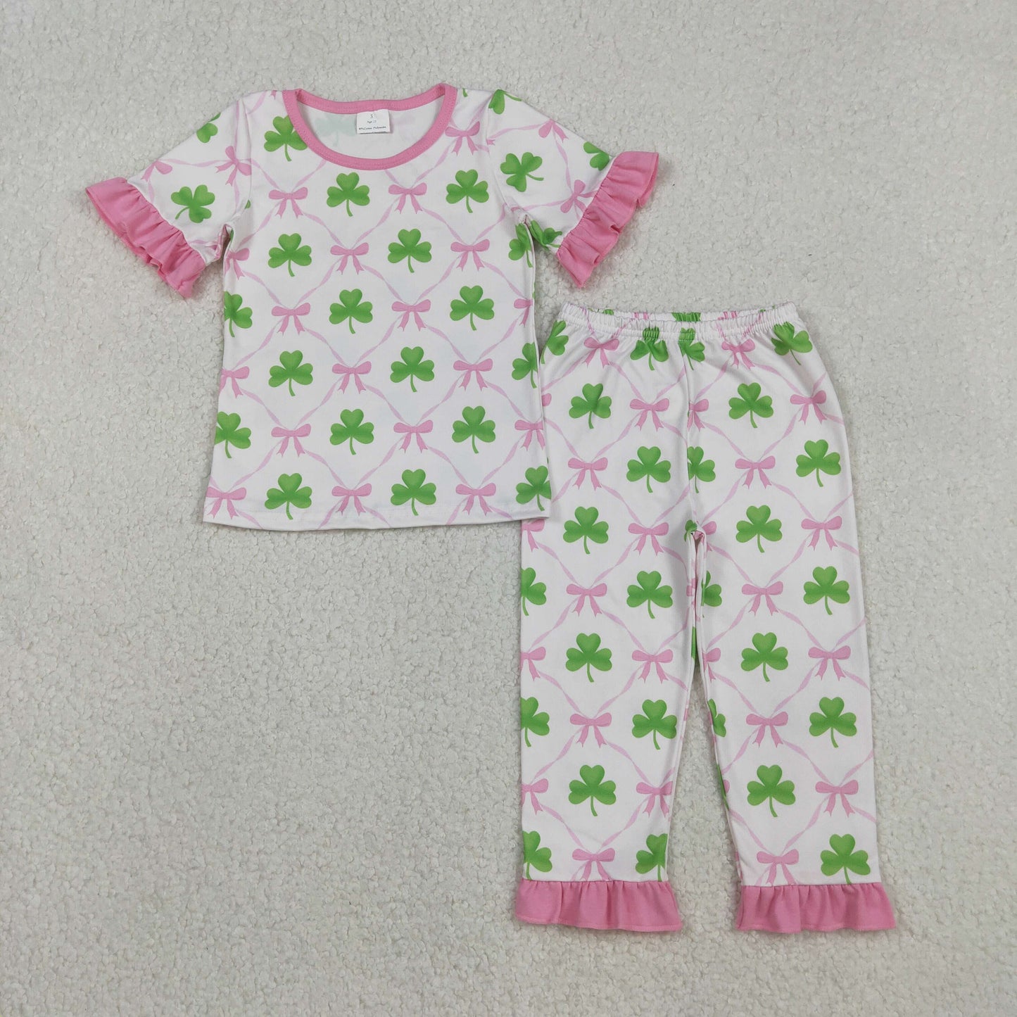GSPO1838 St. Patrick's Day Four-Leaf Clover Pink Ruffle Short Sleeve Pants Girls Pajama Set 202511 RTS