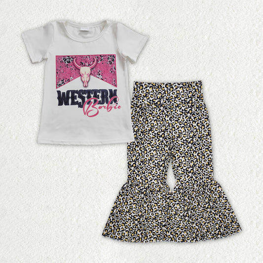 GSPO1842 WESTERN Highland Cow White Short Sleeve Leopard Bell Bottom Pants Girls Sets RTS 202512