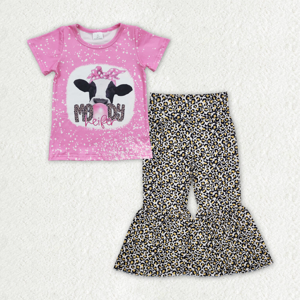 GSPO1843 Moody Cow Bow Pink Short Sleeve Leopard Bell Bottom Pants Girls Sets RTS 202512