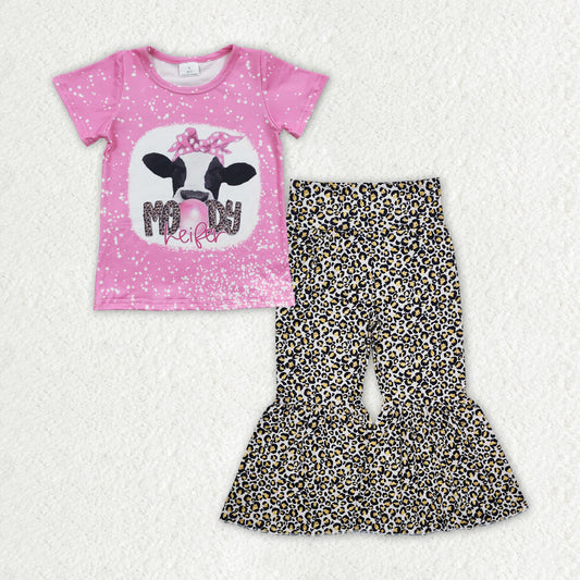 GSPO1843 Moody Cow Bow Pink Short Sleeve Leopard Bell Bottom Pants Girls Sets RTS 202512