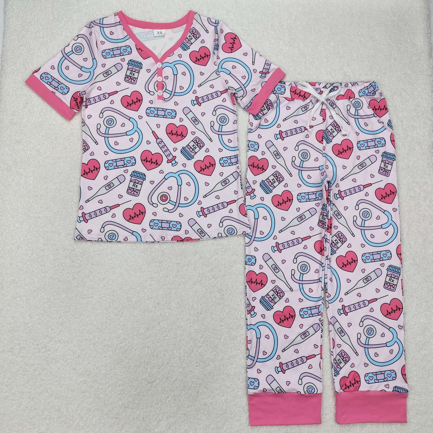 GSPO1861 Valentines Day Adult nurse women's Hot Pink short sleeve top pants pajamas Girl summer boutique outfit RTS 202501