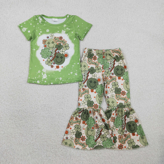 GSPO1876 St Patrick's Day Four-Leaf Clover Smile Face Green Short Sleeve Bell Bottom Pants Girls Sets 202602 RTS