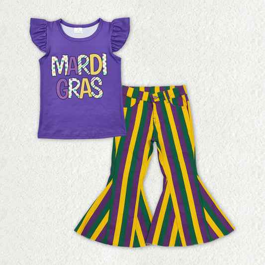 GSPO1938 Mardi Gras clothes purple yellow striped bell bottom pants girls boutique outfit RTS202412