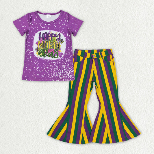 GSPO1939 Happy Mardi Gras clothes purple yellow striped bell bottom pants girls boutique outfit RTS202412
