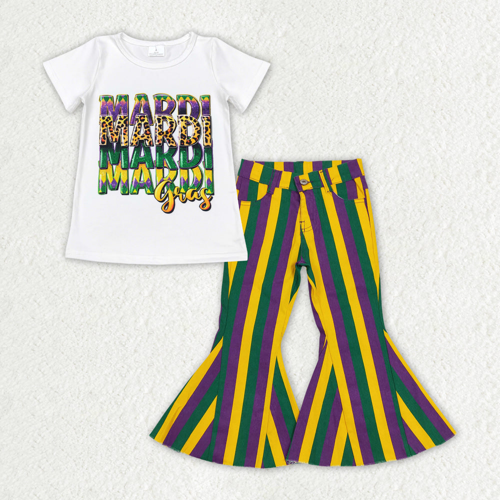 GSPO1939 White short t-shirts Mardi Gras clothes purple yellow striped bell bottom pants girls boutique outfit RTS202412