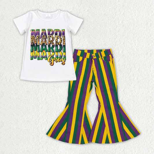 GSPO1939 White short  t-shirts Mardi Gras clothes purple yellow striped bell bottom pants girls boutique outfit RTS202412