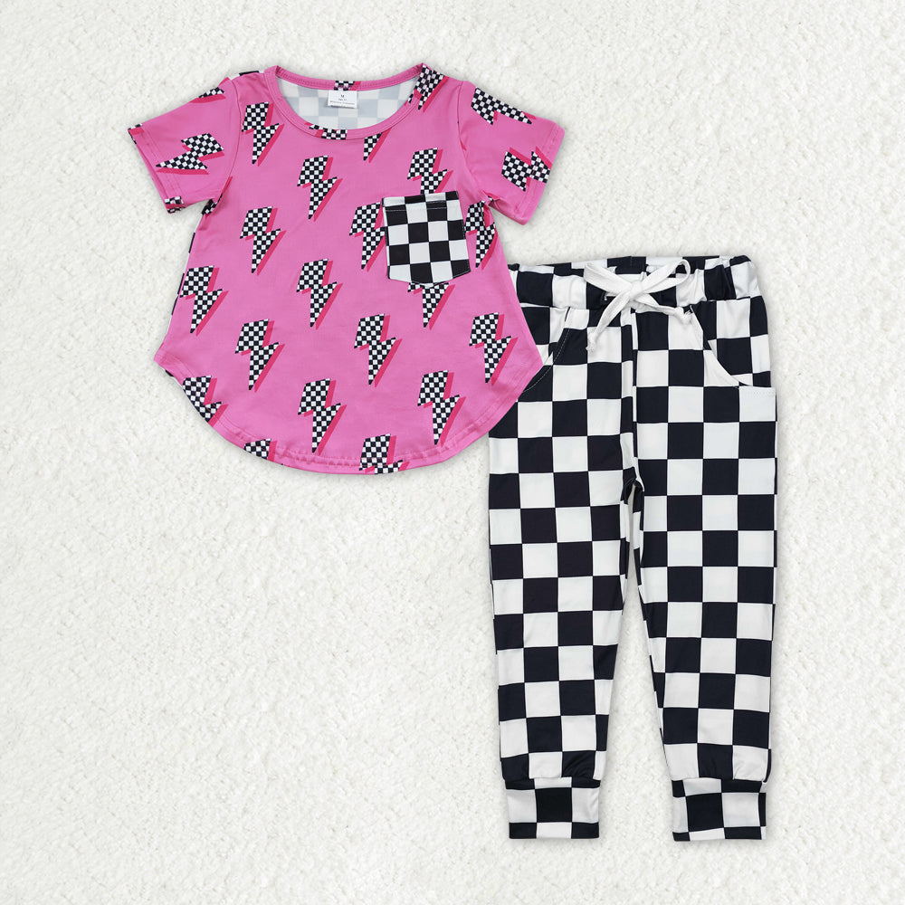 GSPO1946 Lightning Printed outfit Pink short sleeve black check pants sets girl outfit boutique summer clothes RTS 202412