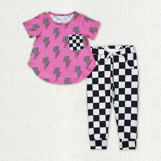 GSPO1946 Lightning Printed outfit Pink short sleeve black check pants sets girl outfit boutique summer clothes RTS 202412