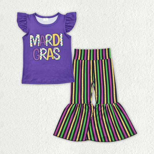 GSPO1949 Mardi Gras outfit Purple sleeveless top yellow green red striped bell bottom pants outfit RTS 202412