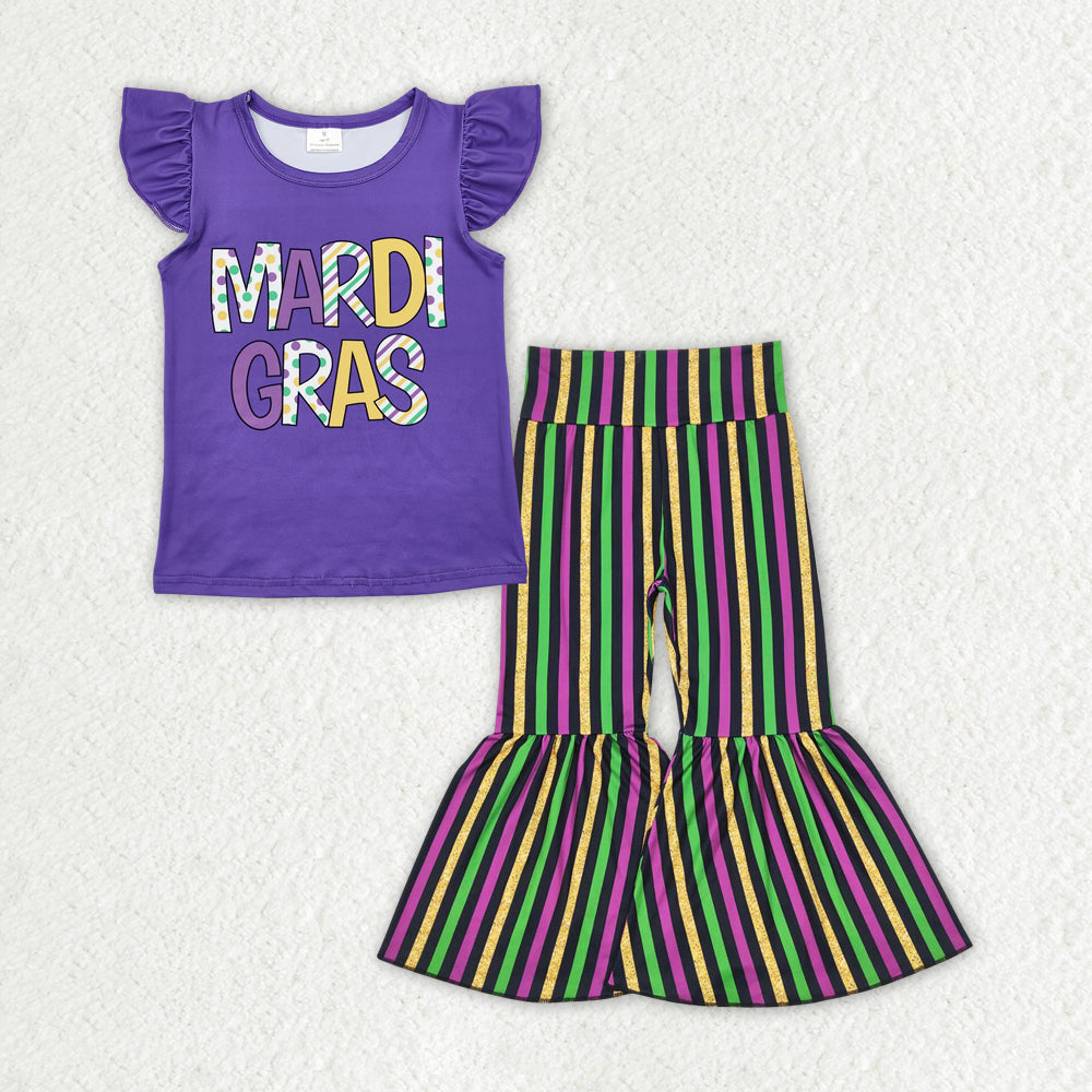 GSPO1949 Mardi Gras outfit Purple sleeveless Top Purple Green Yellow Bell Bottom Pants Girls Boutique outfits 202412